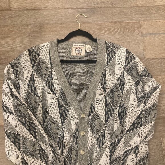 VTG Grandpa Sweater Cardigan Made in Italy Size Large Black White Gray Geometric - Picture 10 of 13